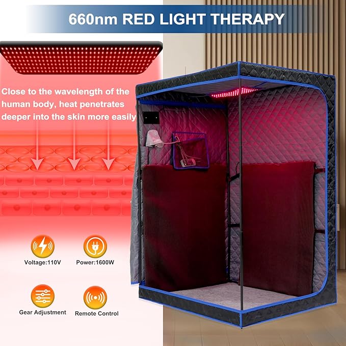 Smartmak Portable Infrared Sauna,1 or 2 Person Oversize Infrared Sauna Box with 660nm Red Light Therapy, Full Body Sauna Tent for Home, Folding Chair (Blue-2 Person) Smartmak