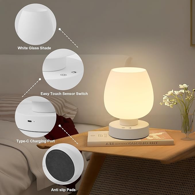 Cordless Touch Bedside Table Lamp set of 2 - Rechargeable Modern Small Table Lamp with White Glass Lamp Shade, Stepless Dimmable & 8 RGB Colors & Memory, Desk Lamp for Nursery Bedroom Nightstand - Bloomnest