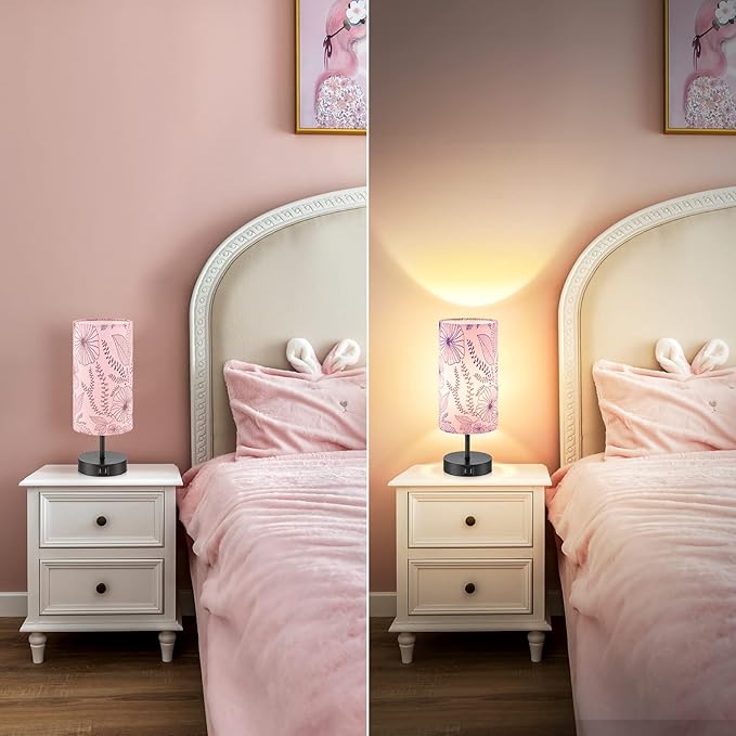 Touch Control Bedside Lamp with 2 USB Ports, 3-Way Dimmable Table lamp for Bedroom, Nightstand Lamp with Round Pink Flower Fabric Shade for Living Room Home Office (E26 LED Bulb Included) - Bloomnest