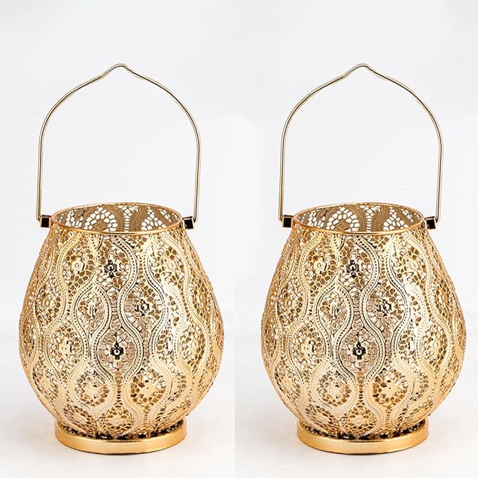 TRIROCKS Set of 2 Moroccan Decorative Lamps 8'' High Cordless Lamp Metal Table Lamps with Fairy Lights Bulb for Home Living Room Garden Yard Party Events Tabletop Indoor Outdoor(Gold) - Bloomnest