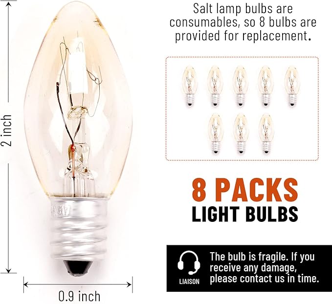 1 Pack Salt Lamp Cord Replacement with 1 Pack Wooden Tray and 8 Pack 15 Watts E12 Halogen Salt Lamp Bulbs - Bloomnest