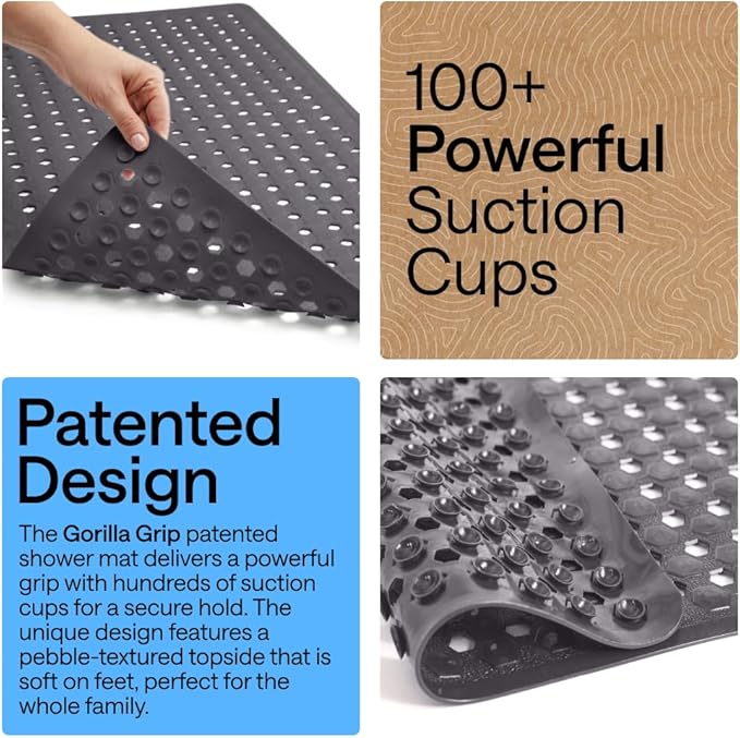 GORILLA GRIP Patented Square Shower Stall Mat, Small Bathtub Floor Mats for Stand Up Showers, Suction Cups and Drain Holes, Machine Wash, Soft on Feet, Bathroom Accessories 21x21 Inch, Charcoal Opaque - Bloomnest