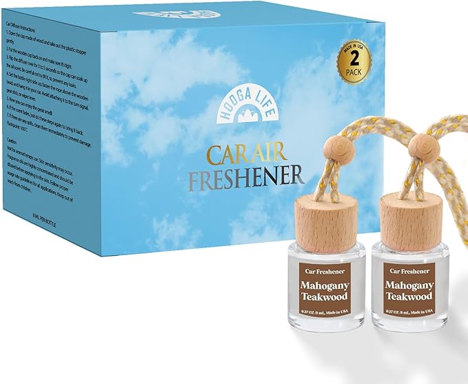 HoogaLife Car Air Freshener Diffuser 2 Pack Hanging Mahogany Teakwood Car Air Freshener for Women 45+ Days Long Lasting Fragrance Made in USA - Bloomnest