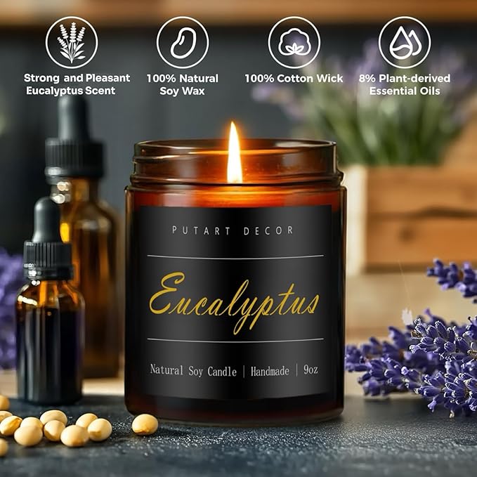 Eucalyptus Mint Candles for Home Scented, Natural Soy Aromatherapy Non Toxic Candles with Long Lasting Fragrance & Clean Burn, Luxury Jar Candle Gift for Women, Men, Home Decoration 9oz - Bloomnest