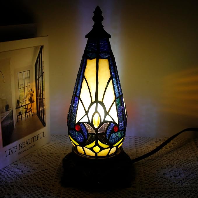 Small Tiffany Lamp Stained Glass Table Lamp 5.5X11 Inch Christmas Tree Lighthouse Mini Accent Memory Sympathy Antique Night Light for Bedroom Living Room (Stained Glass)