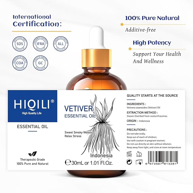 HIQILI 1 Fl Oz Vetiver Essential Oil, 100% Pure Natural for Skin, Candle Making - 30ml - Bloomnest