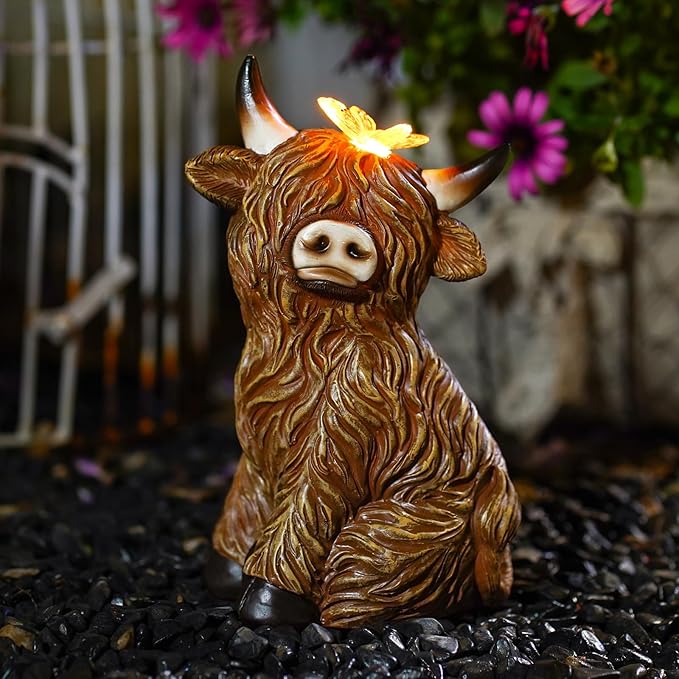 Solar Garden Statue Highland Cow Figurine – Outdoor Decoration with Butterfly for Garden Yard Lawn Home Decor Outside : Unique Gifts for Mom Grandma - Bloomnest