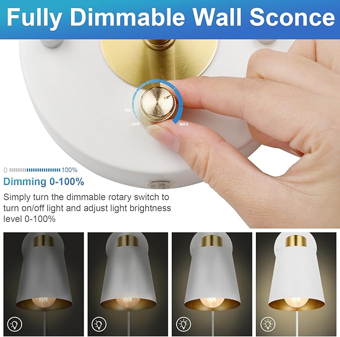 Plug in Wall Sconces, Dimmable Wall Sconces Adjustable Wall Lights with Plug in Cord and Dimmer On/Off Knob Switch, White Wall Mounted Light for Bedroom Bedside Stairway(2 Pack, 2 Bulbs) - Bloomnest