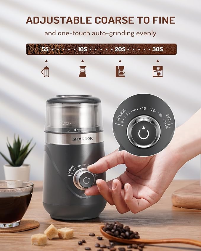 SHARDOR Electric Super Silent Blade Coffee Grinder, Timed Grind Control Rotary Knob, Adjustable Coarse to Fine for Coffee Beans, Spices & Herbs, with 1 Removable Stainless Steel Bowl,Light Gray - Bloomnest