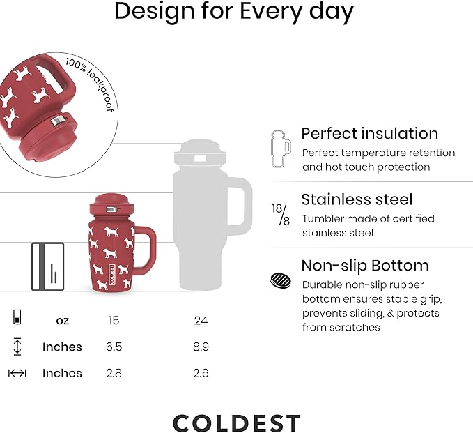 Coldest Tumbler with Handle & Coffee Lid - 100% Spill Proof Tumbler (3 Lids) - Stainless Steel Insulated Leakproof Tumblers for Women & Men - Cup Holder Friendly - 15 oz (Baby Puppy) - Bloomnest