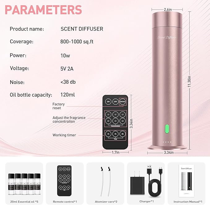Waterless Scent Diffuser Starter Kit - 1000 Sq Ft Coverage, Hotel Scent Diffuser, Essential Oil Diffuser Large Room, Included 5 Scent Oils, Remote Control, Rosepink - Bloomnest