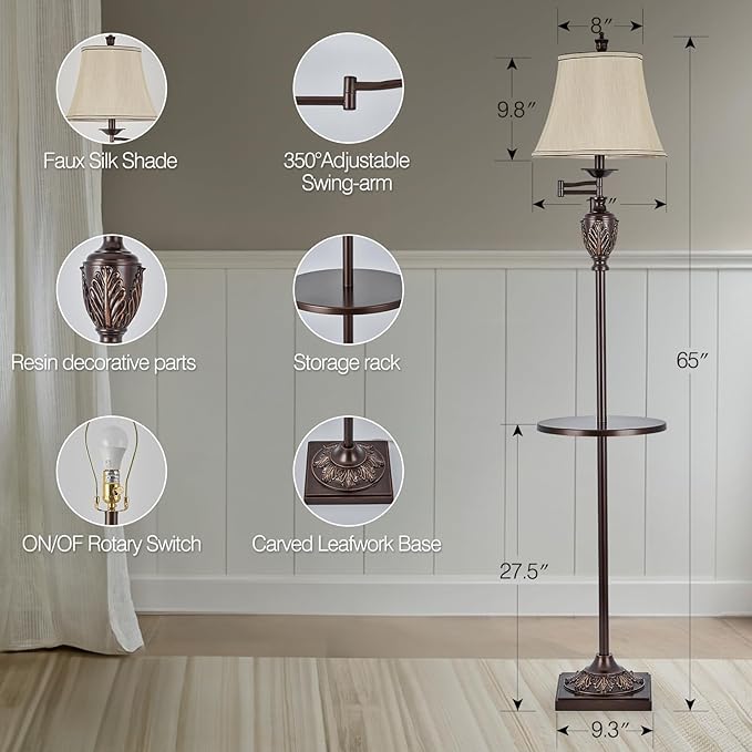 Traditional LED Floor Lamp with 350° Adjustable Swing Arm Lamp – Vintage Standing Pole lamp for Living Room, Bedroom and Office – Rustic Upright Floor Light for Home Décor with Silk Fabric Shade - Bloomnest