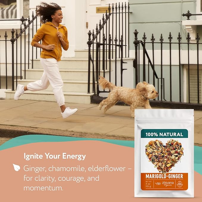 Premium Ginger Loose Leaf Tea with Marigold, Chamomile, Elderflower - Caffeine Free Herbal Tea with Real Herbs & Fruit – Te de Jengibre – 4oz. - Bloomnest