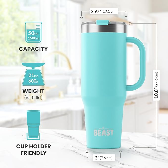 Beast 50 oz Tumbler Stainless Steel Vacuum Insulated Coffee Ice Cup Double Wall Travel Flask (Aqua Blue) - Bloomnest
