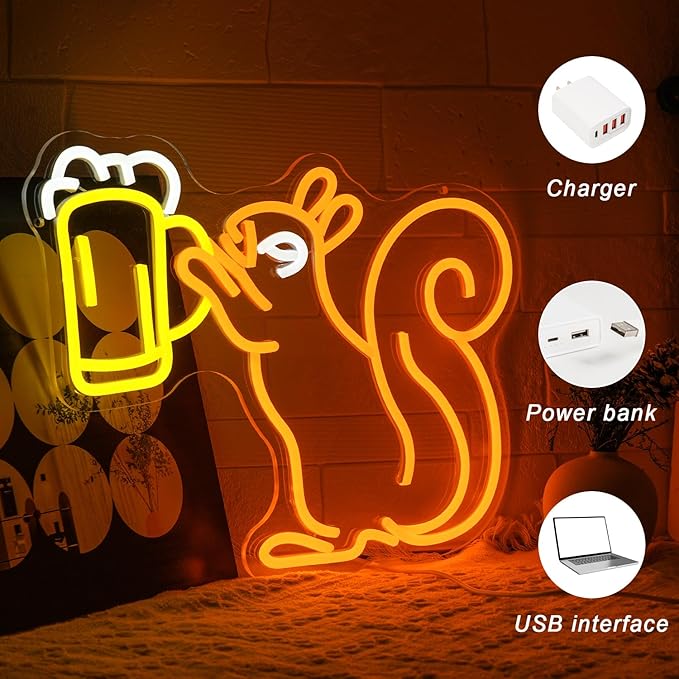 Squirrel Beer Neon Sign for Wall Decor Bar Light Beer Squirrel Neon Light Beer Glass LED Neon Light Squirrel Wall Decor Dimmable Neon Light Sign for Bar Man Cave Bedroom Shop Business - Bloomnest