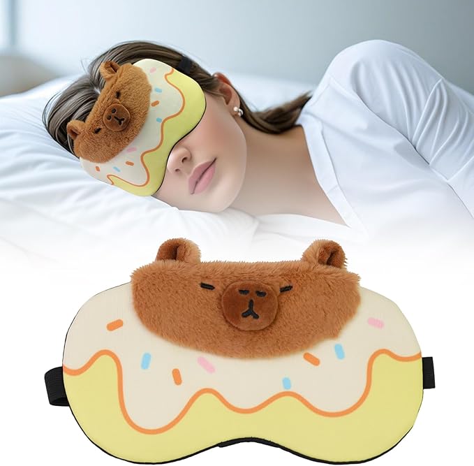 Cute Sleep Eye Masks for Kids, Kawaii Cartoon Kids Sleeping Mask for Women Boys Girls Teens, Soft Plush Adjustable Eyeshade Silk Travel Nap Eye Cover, Yellow Capybara - Bloomnest