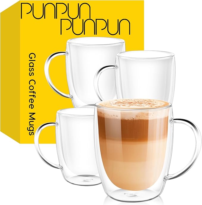 PunPun 12.9OZ. 380ml Clear Coffee Mugs, Glass Cups for Latte, Double Wall Glass with Big Handle, Clear Mugs for Iced Coffee or Hot Beverages, Espresso Cups Each Set of 4 - Bloomnest