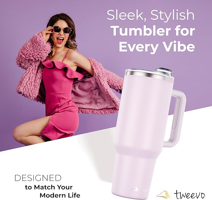 40 oz Tumbler With Handle and Straw Made of Stainless Steel - Double Wall Vacuum Insulated Tumbler With Lid - Sweat Proof Easy Grip, BPA-Free, Dishwasher Safe Tumbler (Orchid) - Bloomnest