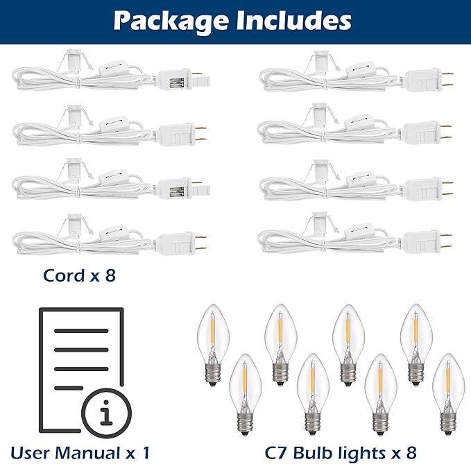 Feekoon 8 Packs 6ft Village Light Cord with 1W C7 LED Bulb, Salt Lamp Cord with ON/Off Switch and 2 Spare Fuses, Blow Mold Light Ideal for Christmas Village House Craft Decorations - Bloomnest