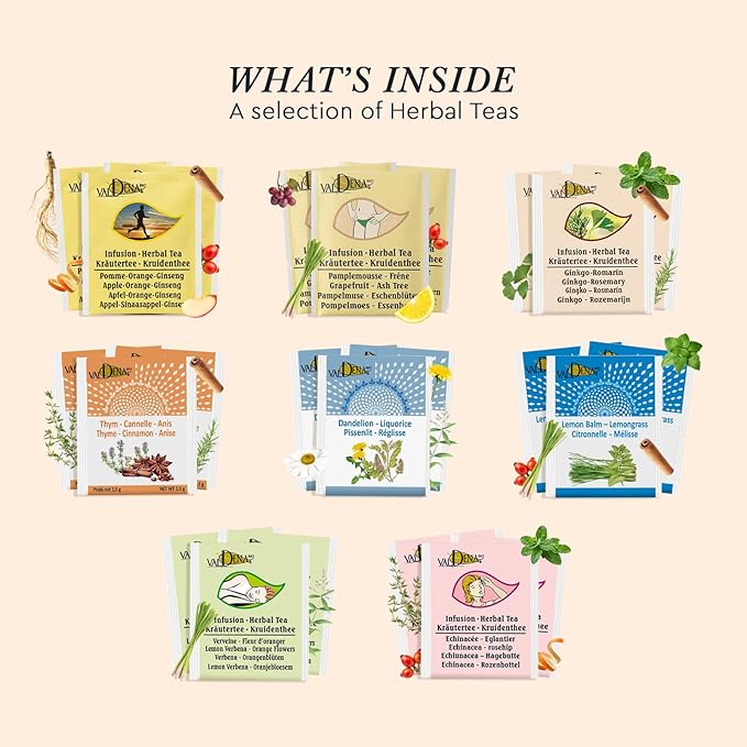 Valdena Bio Organic Herbal Teas for Your Wellness Tea Sampler Gift Caffeine Free 8 Flavors Assorted Tea Sets Variety Pack 64 Individually Wrapped Tea Bags Gift for Tea Lovers - Bloomnest