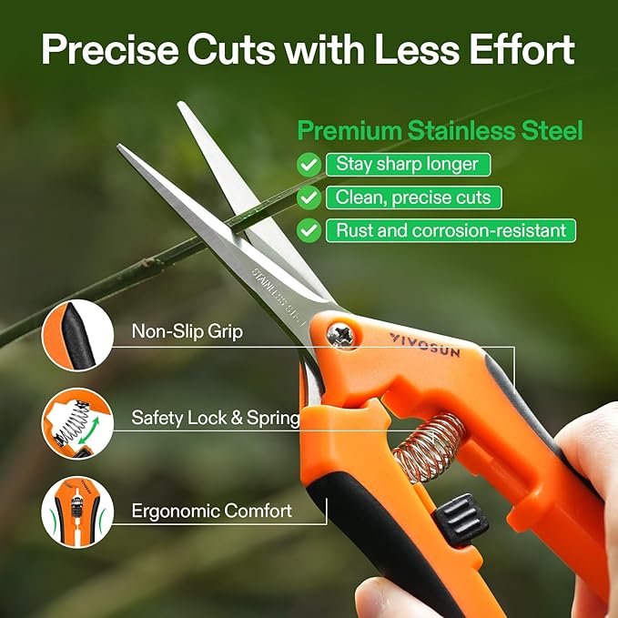 VIVOSUN 6.5 Inch Gardening Scissors Hand Pruner Pruning Shear with Straight Stainless Steel Blades Orange 1-Pack - Bloomnest
