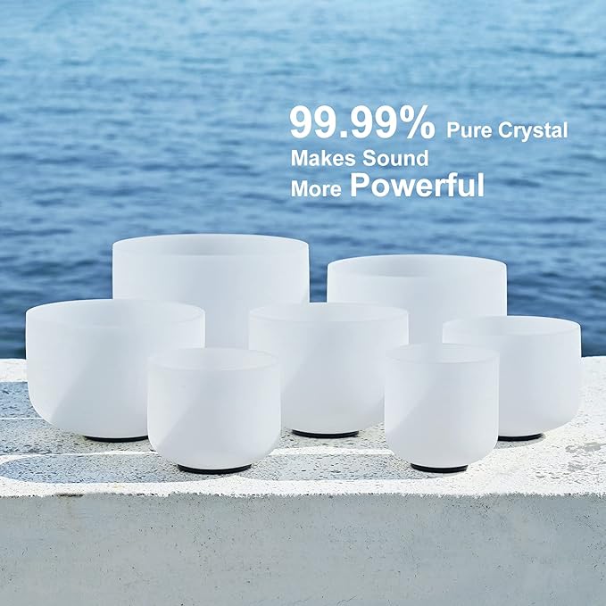 CVNC 432HZ 6-12 Inch Set Of 7 PCS Frosted Chakra Quartz Crystal Singing Bowls for Sound Healing with 2 PCS Travel Carry Case Bag - Bloomnest