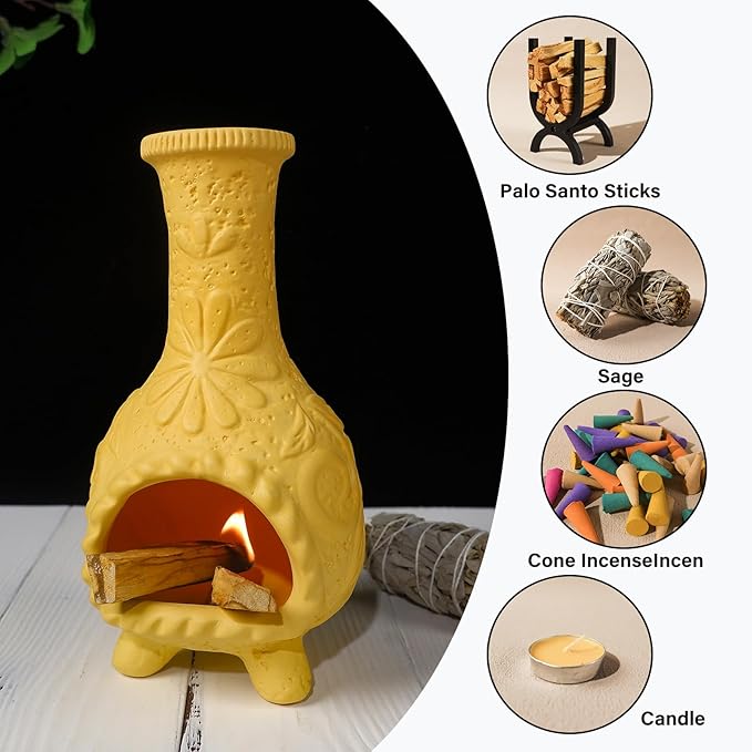 Yellow Floral Reliefs Palo Santo Burner Holder-Mexican Mini Chiminea Inspired,Chimney for Smudging Sage/Incense Cones/Sticks for Altar/Zen Rituals, Handmade Decor for Witchcraft Supplies - Bloomnest