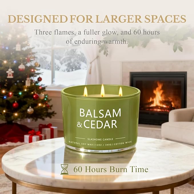 Balsam Cedar Candle, Large 3 Wick 12oz Soy Scented Candle, Luxury Christmas Birthday & Holiday Gift for Women & Men, Long Lasting 60+ Hour Clean Non-Toxic Burn, Elegant Winter Home Decor - Bloomnest