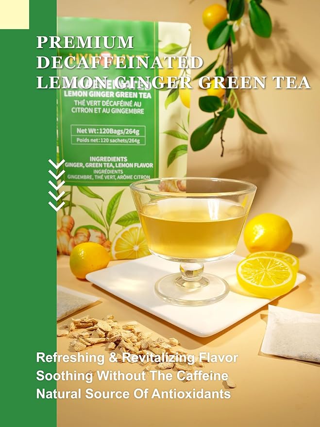 HYNTMYT Decaffeinated Lemon Ginger Green Tea Bags, CO₂ Decaf Green Tea with Lemon and Ginger, Refreshing and Revitalizing, 120 Count - Bloomnest