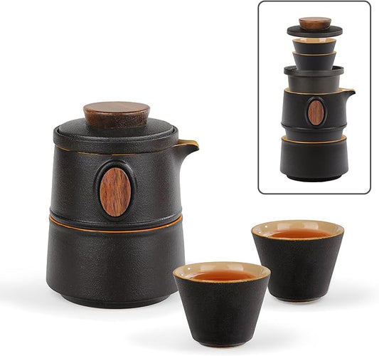 fanquare Travel Ceramic Tea Set, Chinese Gongfu Teapot with Infuser, 2 Small Cups 1 Master Cup and Portable Bag for Outdoor Use Convenient Tea Service, Black