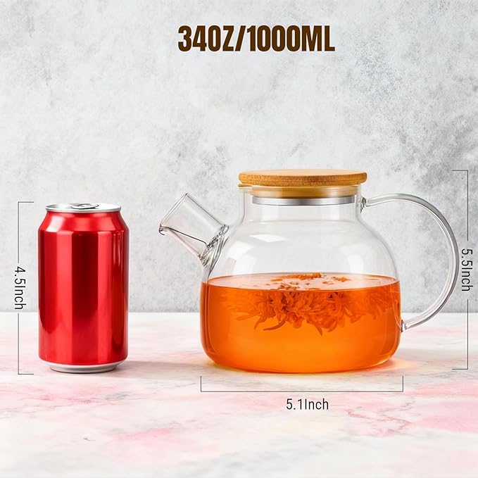 PARACITY Glass Teapot Stovetop 34oz/1000ml, Borosilicate Clear Tea Kettle with Removable 18/8 Stainless Steel Infuser,Glass Tea Kettle with Wooden Lid, Teapot for Loose Leaf Tea Fruit Tea Fragrant Tea - Bloomnest