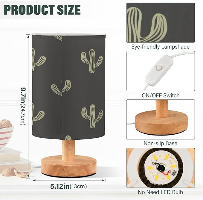 Yuiboo Nightstand Lamp Western Cactus Plant Boho Mexicana Cacti Black Table Top Lamp with USB Lamp for Kids Room Nursery - Bloomnest