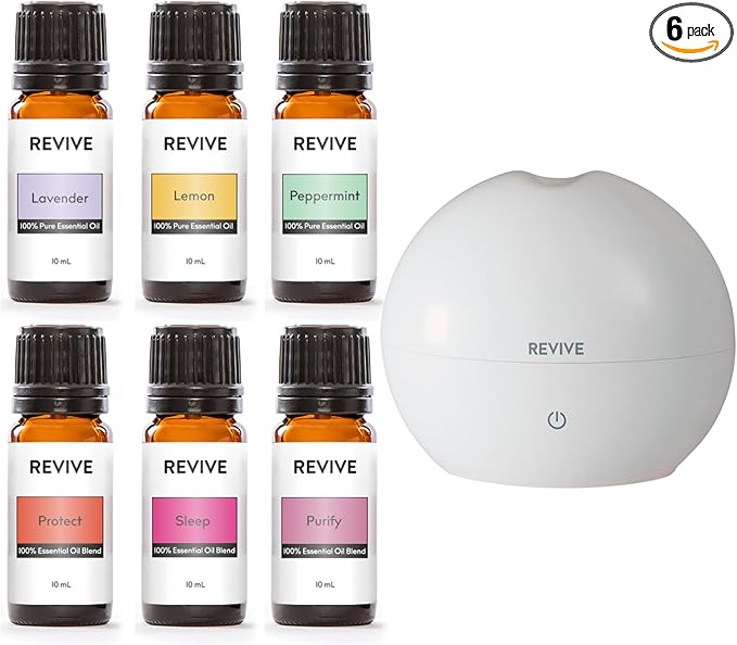 Basics Kit with Halo Diffuser by Revive Essential Oils - 100% Pure Therapeutic Grade, for Diffuser, Humidifier, Massage, Aromatherapy, Skin & Hair Care - Bloomnest