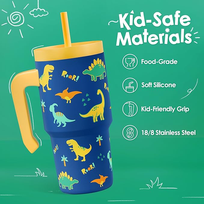 Dinosaur Tumbler 20oz with Handle and Silicone Straw Lid for Kid, Insulated Stainless Steel Cup, Gift for Kids Boys, Gifts Idea for Birthday Christmas Back to School - Bloomnest