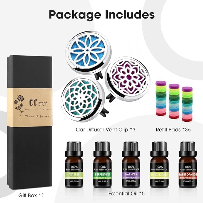 ttstar Car Diffuser Vent Clip - 30mm Aromatherapy Essential Oil, 3 Car Air Fresheners Vent Clips with 36 Refill Pads and 5 Essential Oils Gift for Women - Bloomnest