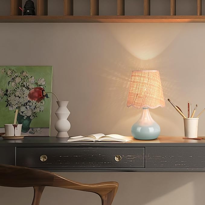 Light Blue Boho Small Table Lamp for Small Spaces, Small Rattan Shade Bedside Lamp for Bedroom, Cute Nightstand Light for Bedside, Kitchen Counter, Bookshelf Lamp, Home Office, Living Room, Dorm - Bloomnest