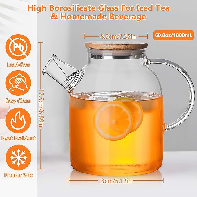 Glass Tea Pot Kettles Stovetop Safe, 60.8oz/1800mL Heatproof Borosilicate Glass Teapot Water Pitcher With Bamboo Lid and Removable Filter Spout for Loose Leaf and Blooming Tea - Bloomnest