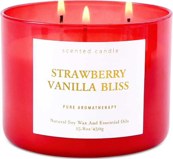 Strawberry Vanilla Aromatherapy Candle - Large 3 Wick Soy Scented Candle 15.8 oz - Relaxing Vanilla Candle for Home & Stress Relief - Long Lasting Natural Candles Gift for Women & Men - Clean Burning - Bloomnest