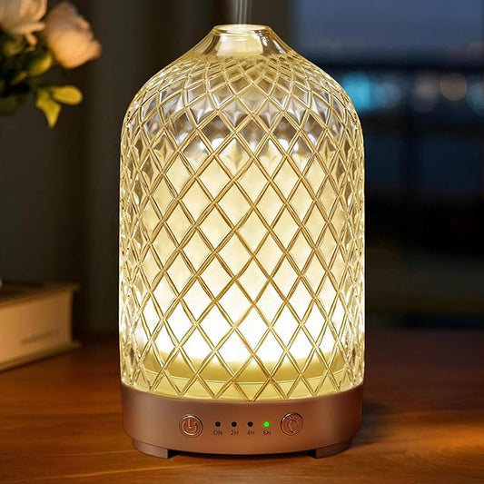 Essential Oil Diffuser 200ml-Ultrasonic Aroma Diffuser with 4 Timers, Aromatherapy Diffuser 7 Color LED Lights Auto Shut-Off Protection for Home Office (Rhombus-Glass) EQUSUPRO