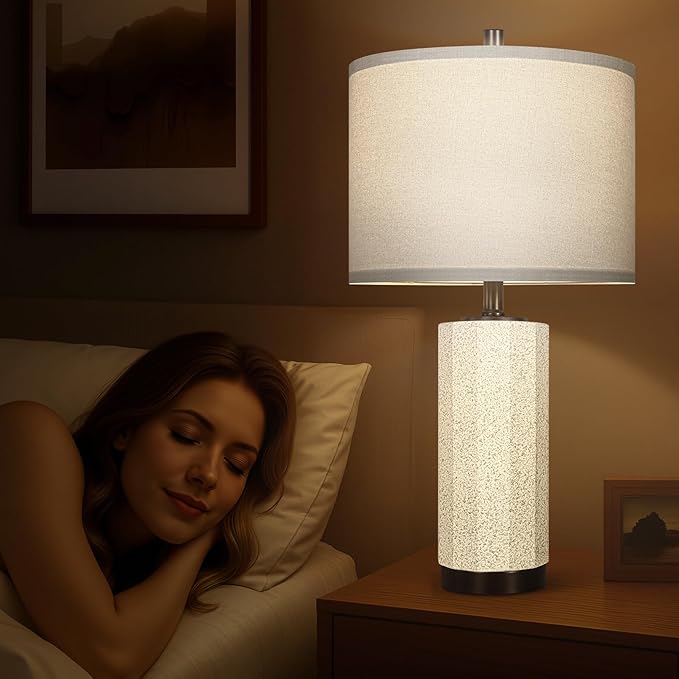 Scenekoy 23” Table Lamp Set of 2 for Bedroom Living Room, Rotary Switch Ceramic Bedside Lamp with White Linen Shade, Dimmable Nightstand Lamps for Room Office Hotel Dorm (Bulb Included) - Bloomnest