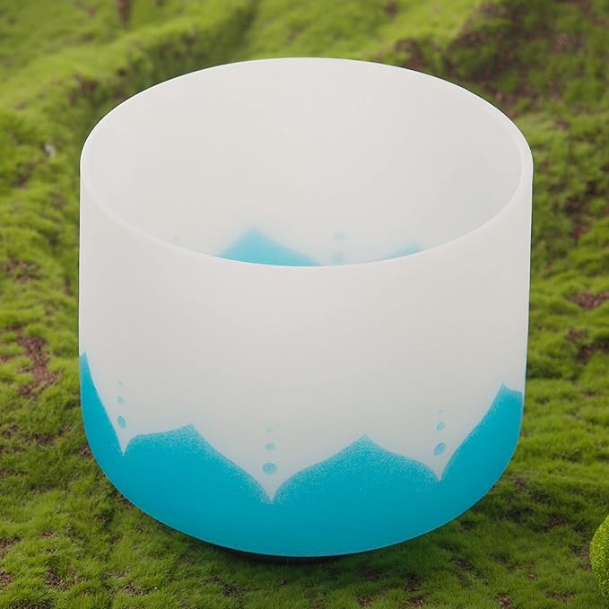 Leize Crystal Singing Bowl 432hz G Note Throat Chakra Blue Lotus Design 8" Wide with Suede Striker - Bloomnest