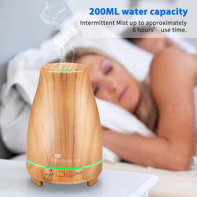 Diffuserlove Essential Oil Diffusers 200ML Diffuser Remote Control Aromatherapy Diffuser with 7 Color Lights, Auto Shut-Off for Bedroom Office Kitchen (Yellow Wood Grain) Diffuserlove