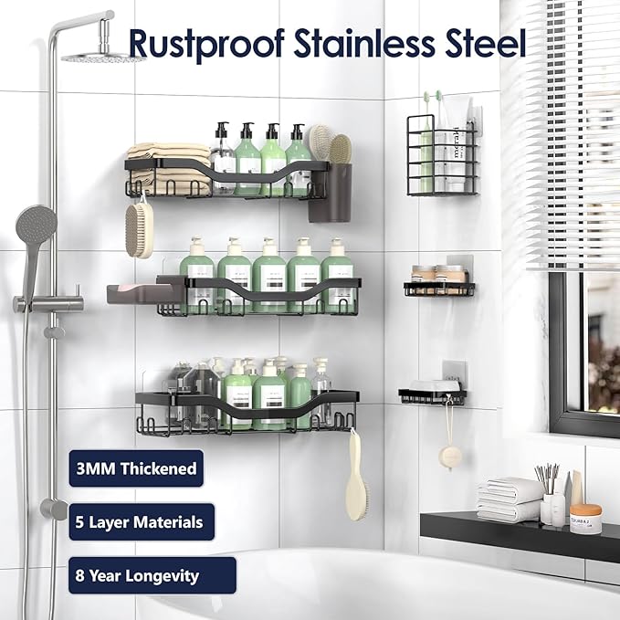 Shower Caddy Adhesive Shower Organizer 8-Pack, Rustproof Stainless Steel Bathroom Shelves, Large Capacity No-Drill Rack Storage Accessories with Soap Dish Toothbrush Holder Hooks - Bloomnest