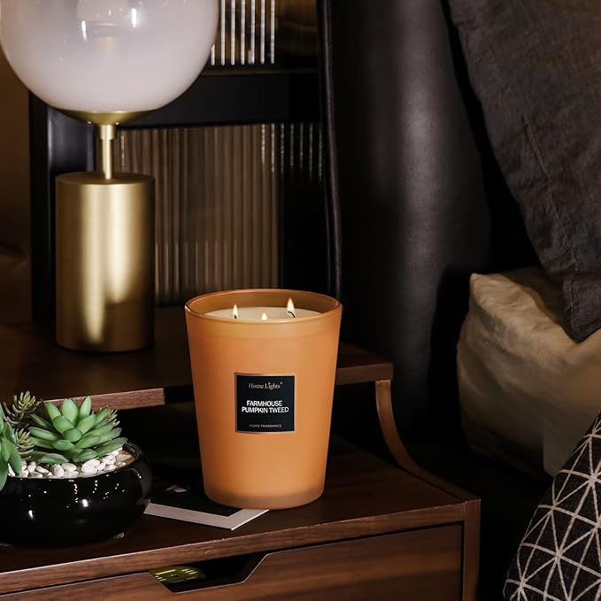 HomeLights Highly Scented Candles, Big 33.3 oz for Home, Natural Soy Aromatherapy Candles, Smokeless Long Lasting 130h with 3 Cotton Wicks, Candles Gifts for Women & Men - Farmhouse Pumpkin Tweed - Bloomnest