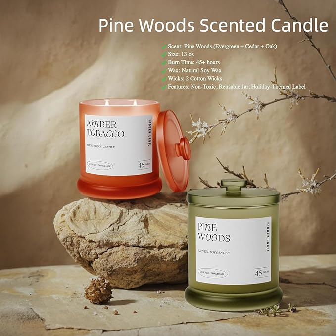 Christmas Candles, Pine Woods Scented, Holiday Candles for Home Scented with Natural Non Toxic, 2 Wicks, 13oz Soy Wax, 45H Long Lasting | Aromatherapy Candle for Home Decor, Christmas Gifts for Women - Bloomnest