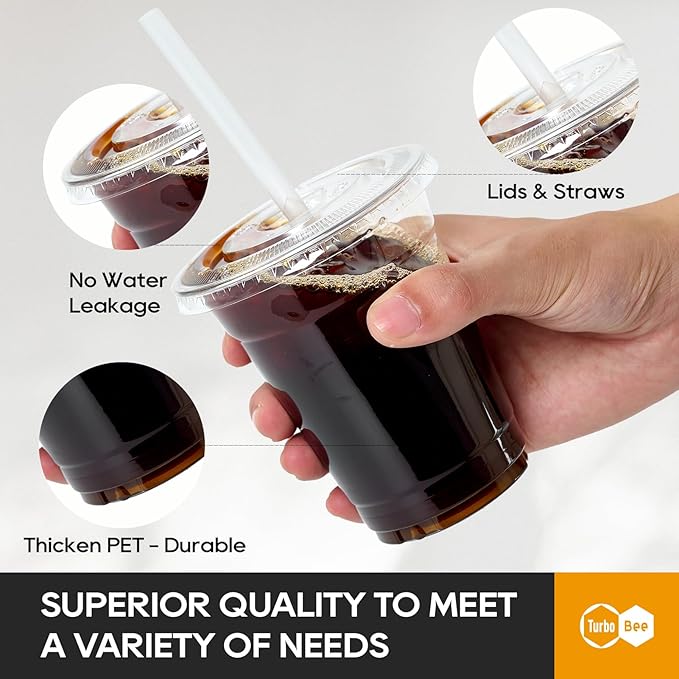 Turbo Bee 200 Sets 12 OZ Clear Plastic Cups with Lids and Straws, Disposable To Go Iced coffee cups with lids for Cold Drinks, Smoothie, and Slushie - Bloomnest