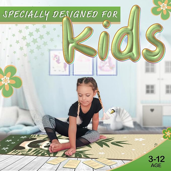 Kids Yoga Mat Set for Boys & Girls - Doll, Unicorn, Mermaid, Panda, Dinosaur and UnderWater - Chemical Free - Non-Toxic - Non-Slip - 60 X 24 X 0.2 Inches - w/ 12 Yoga Cards - Cute Carrier Bag - Ages 3-12 - Bloomnest