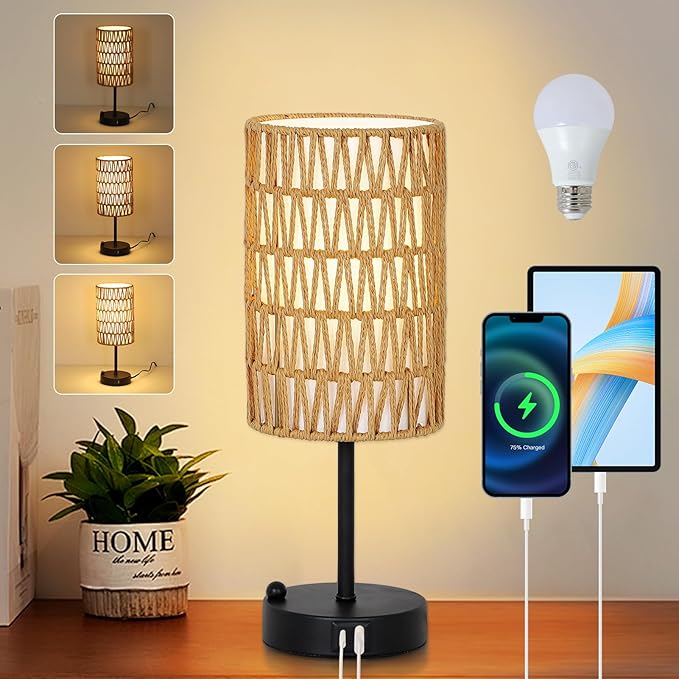 Touch Table Lamp For Bedroom with Bulb, Boho Small Desk Lamp For Living Room With Rattan & Linen Shade, 3 Way Dimmable Bedside Table Lamp For Nightstand With USB Charging Port & Phone Stand For Office - Bloomnest