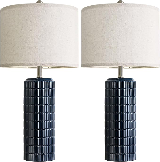 PoKat 27.5'' Tall Table Lamps for Living Room Set of 2, Ceramic Bedroom Lamps for Night Stands, Modern Bedside Lamps for Bedroom Living Room, Nightstand Lamps for Side End Table Hallway, Blue - Bloomnest