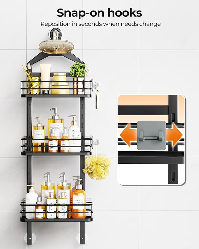 ODesign 3 Tier Height-Adjustable Shower Caddy Hanging Hanger Anti-Swing-Over The Shower Head Caddy-Shower Storage Organizer Bathroom Shelves Basket Shower Caddies-Black,11.9" x 4.84" x 36.2" - Bloomnest